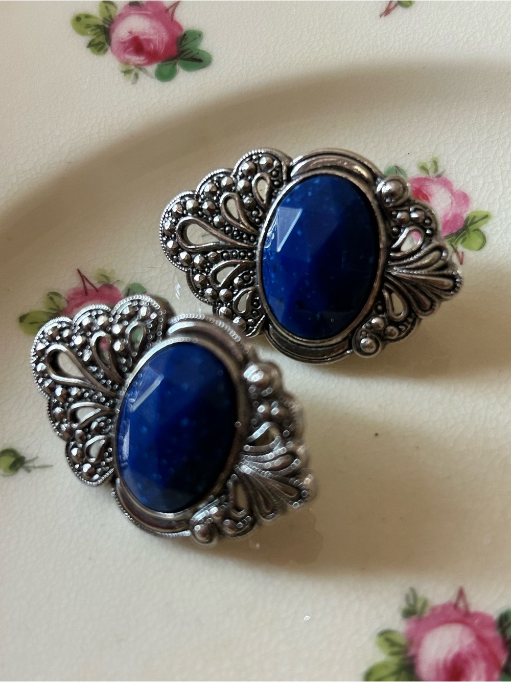Avon Silver-Tone Filigree Earrings with Royal Blue faceted faux lapis Stones